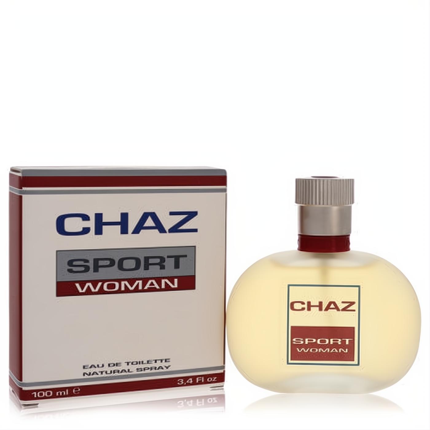 Chaz Sport Woman 3.4 oz EDT fragrance. Elegant frosted amber bottle with silver cap and vibrant white, red, grey box.
