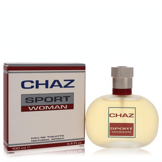 Chaz Sport Woman 3.4 oz EDT fragrance. Elegant frosted amber bottle with silver cap and vibrant white, red, grey box.