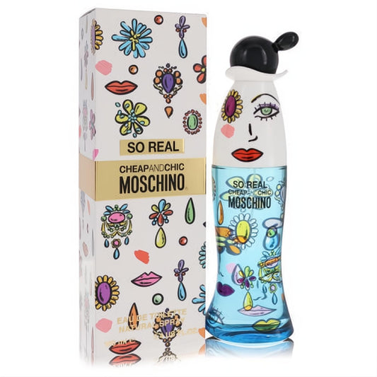 Moschino Cheap & Chic So Real 3.4 oz EDT. Fun blue bottle with a unique female figure design and vibrant pop art graphics.