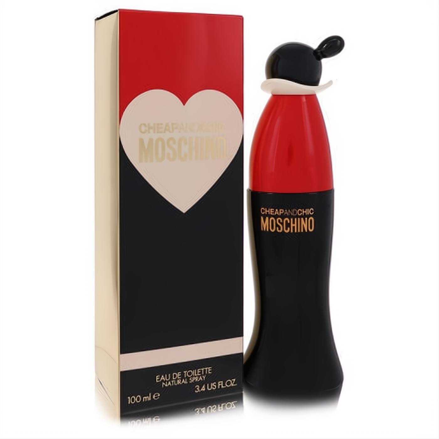 Iconic Moschino Cheap & Chic 3.4 oz EDT spray. Playful red and black Olive Oyl bottle with gold logo, beside its chic heart-design box.