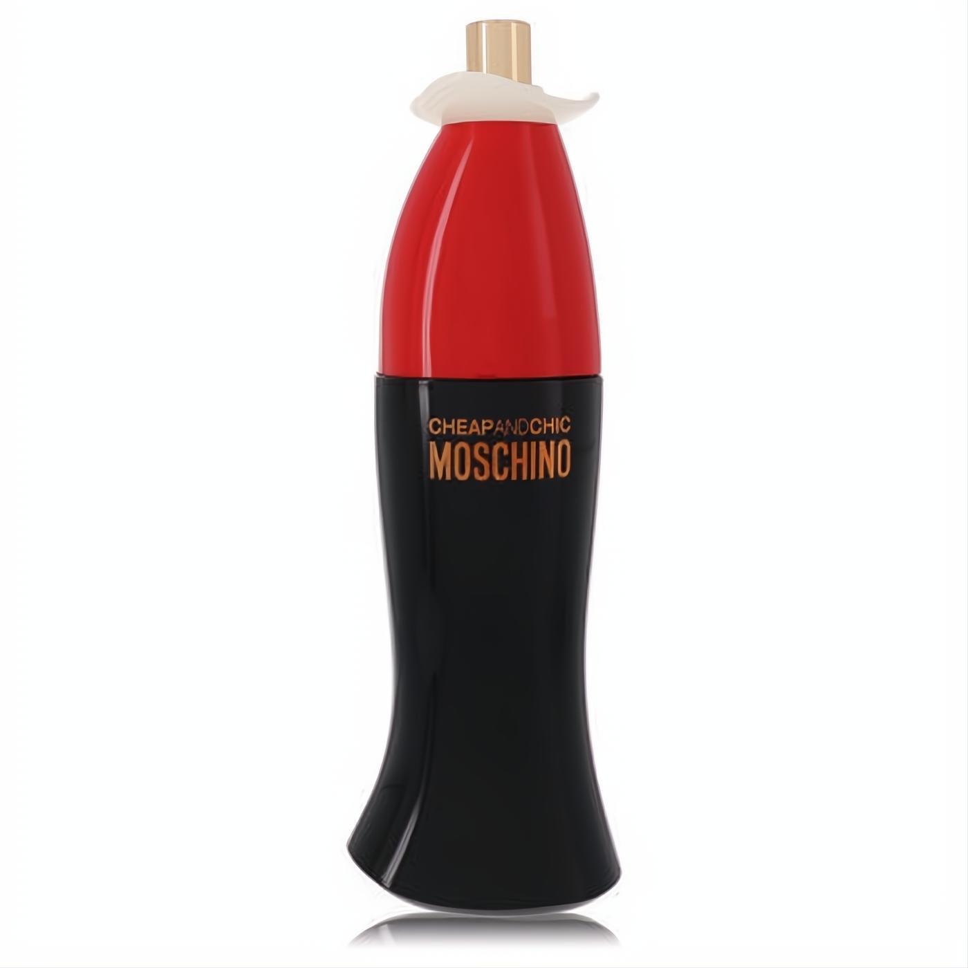 Chic Moschino Cheap & Chic 3.4 oz EDT spray. Unique black, red, and white bottle with a gold cap and ruffled collar.