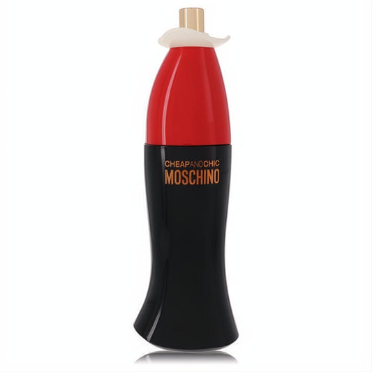 Chic Moschino Cheap & Chic 3.4 oz EDT spray. Unique black, red, and white bottle with a gold cap and ruffled collar.