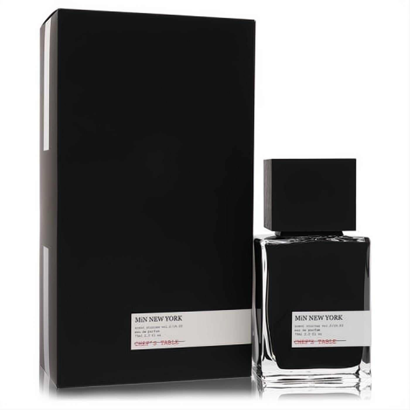 Elevate your scent with Min New York Chef's Table 2.5 oz unisex EDP. Sleek clear glass bottle, black cap, and matching black box with minimalist white labels.