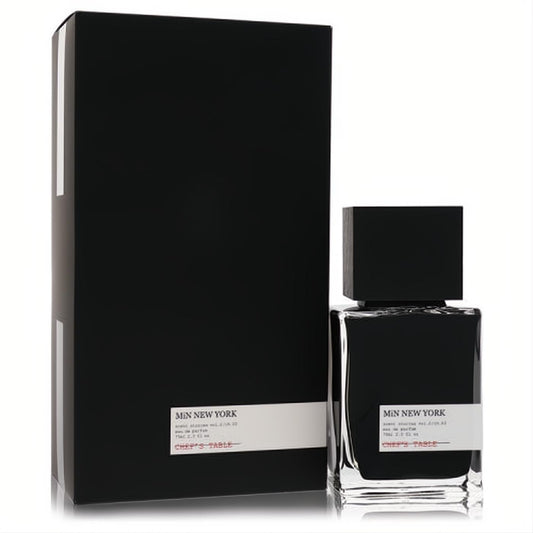 Elevate your scent with Min New York Chef's Table 2.5 oz unisex EDP. Sleek clear glass bottle, black cap, and matching black box with minimalist white labels.
