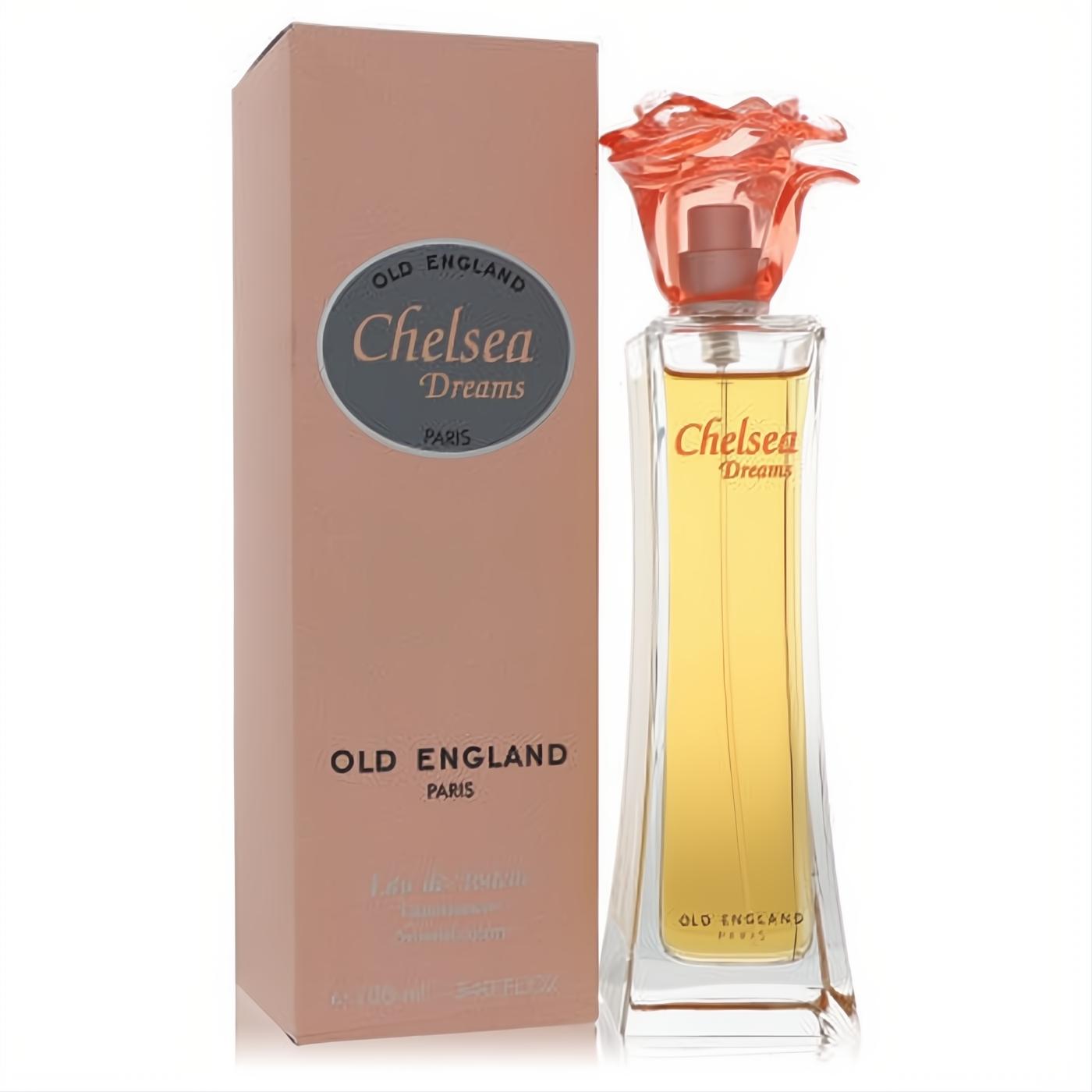 Chelsea Dreams by Old England 3.4 oz EDT. Elegant glass bottle with a stunning coral rose cap, golden fragrance, and matching peach box.