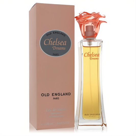 Chelsea Dreams by Old England 3.4 oz EDT. Elegant glass bottle with a stunning coral rose cap, golden fragrance, and matching peach box.