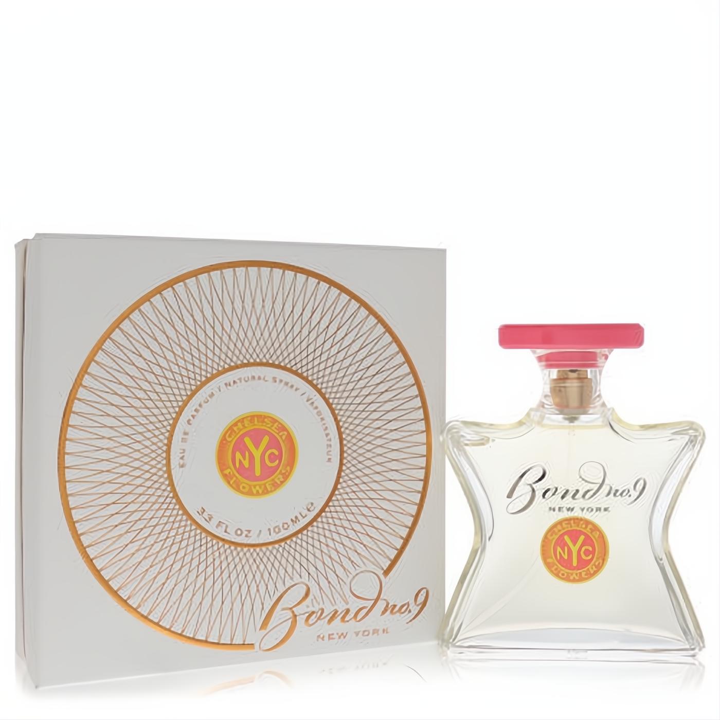 Iconic Bond No. 9 Chelsea Flowers 3.3 oz perfume in a clear star bottle with a vibrant pink cap and elegant white gold box.