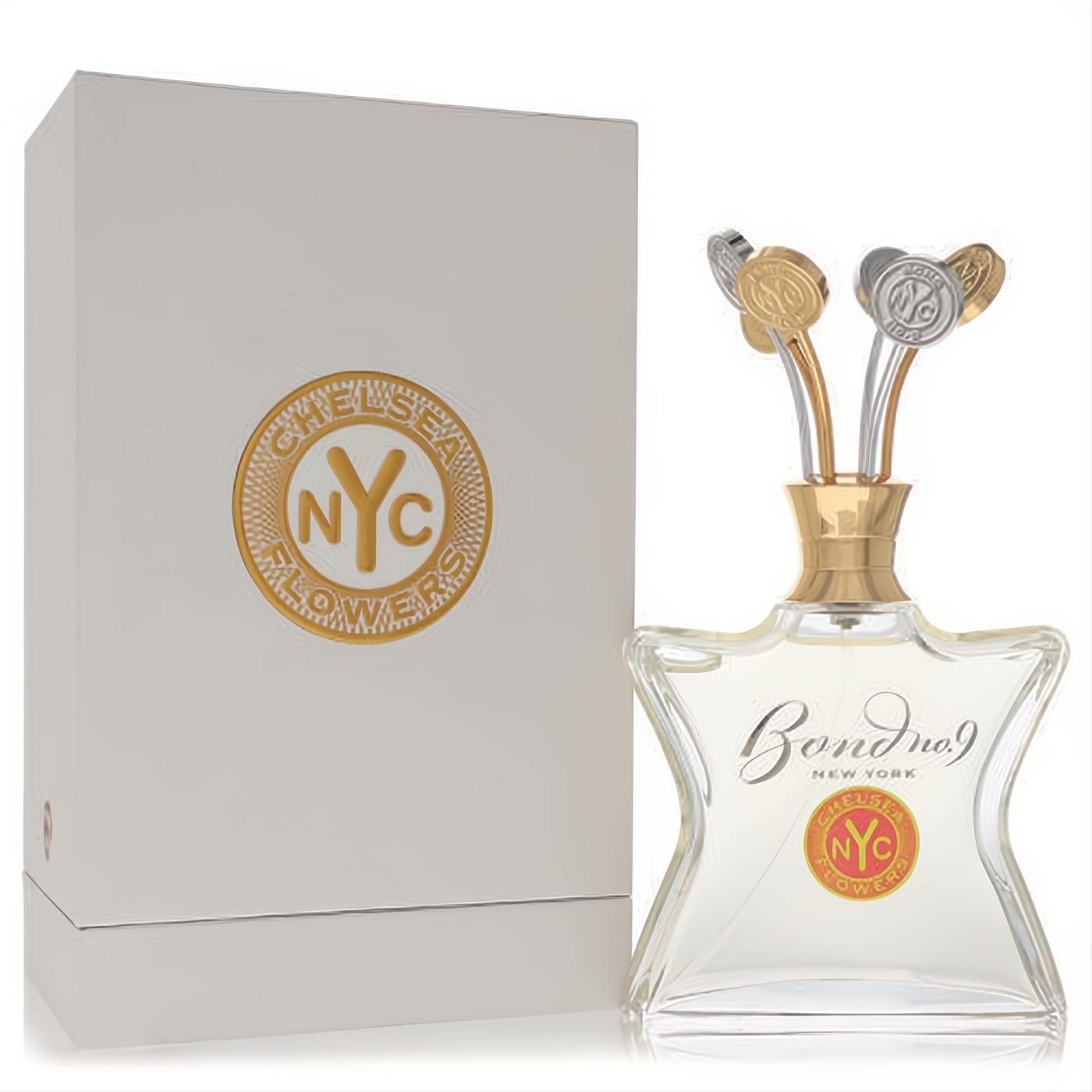 Exquisite Bond No. 9 Chelsea Flowers 3.3 oz women's EDP. Clear bottle, gold accents, and distinctive multi-petal anniversary cap with white box.