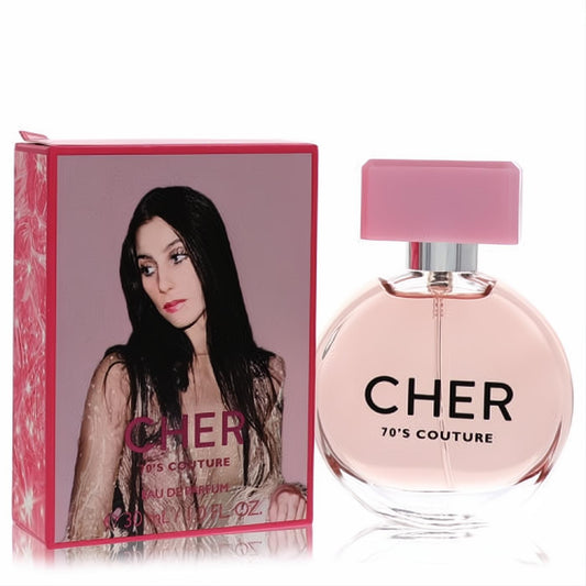 Cher Decades 70's Couture 1 oz EDP. Chic round pink glass bottle with silver accents & box featuring iconic Cher.