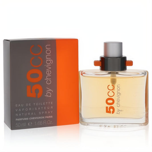 Distinctive Chevignon 50cc men's cologne. Clear glass bottle with amber liquid, silver cap, black collar, and orange accents. Modern gray-orange box.