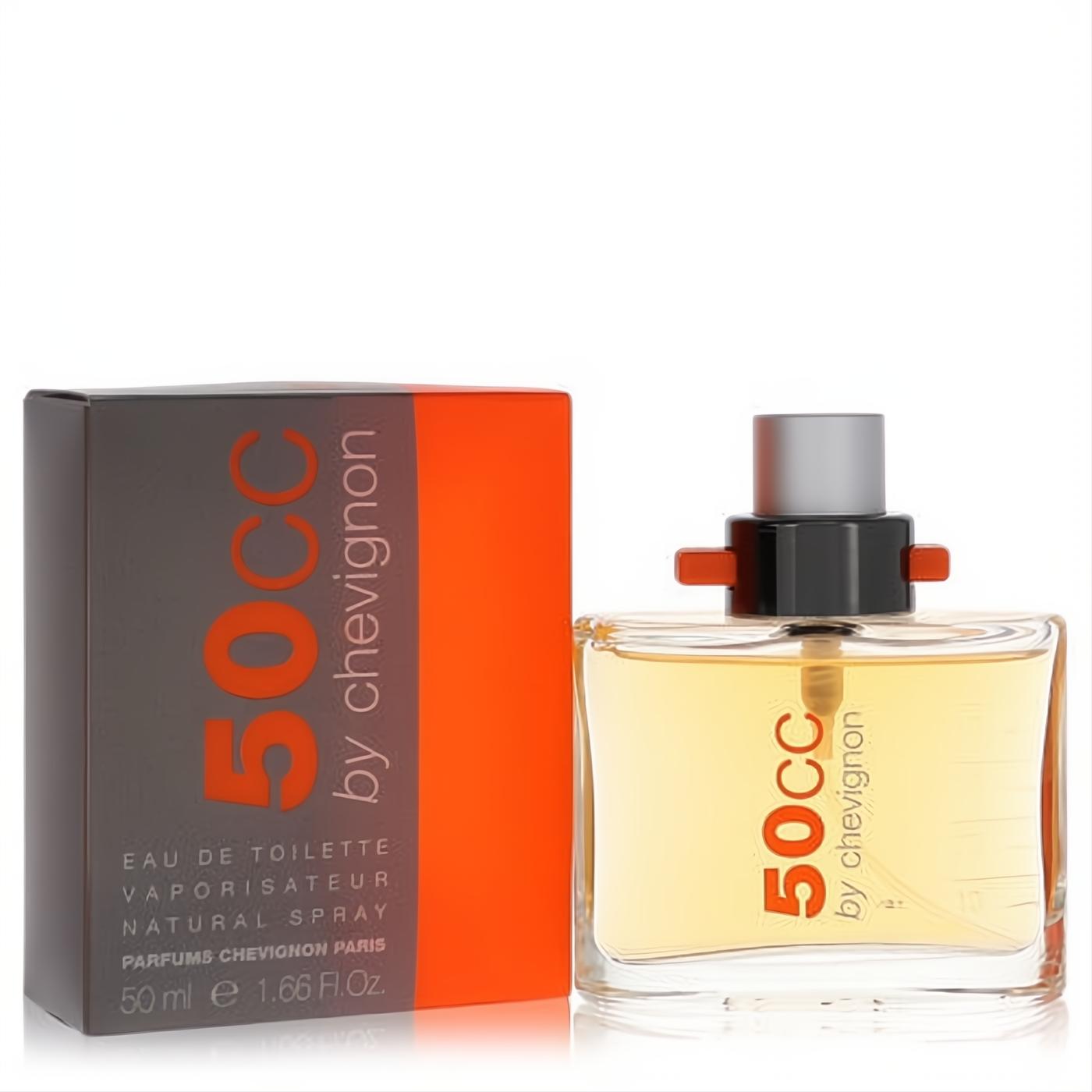 Chevignon 50cc Men's Eau de Toilette, 1.66 oz. Clear glass bottle with amber liquid, vibrant orange accents, and a stylish grey/orange box.