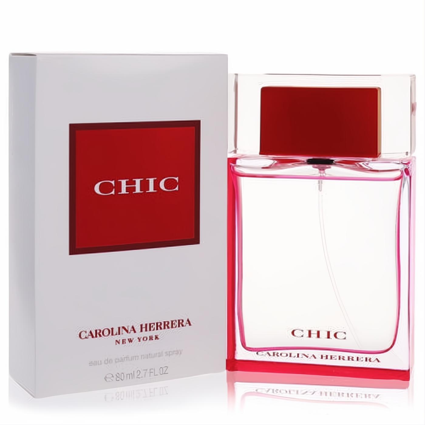 Chic by Carolina Herrera 2.7 oz EDP: clear glass bottle with vibrant red base and cap, beside its elegant white box.