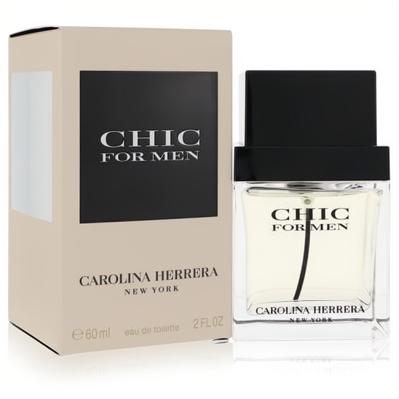 Chic by Carolina Herrera For Men 2 oz EDT. Sleek clear glass bottle, bold black cap, and sophisticated beige box.