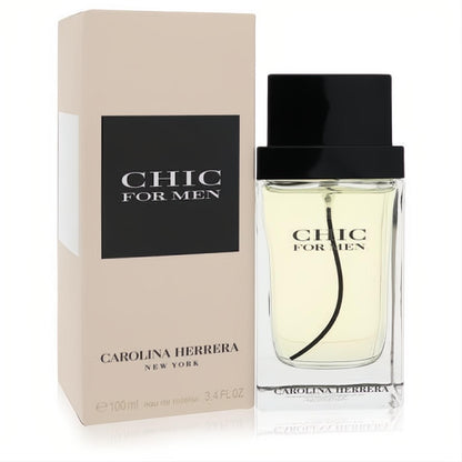 Carolina Herrera Chic For Men 3.4 oz EDT. Modern clear glass bottle with amber liquid, black cap, and elegant beige box.