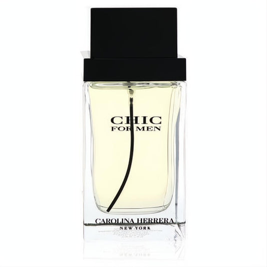 Chic for Men 3.4 oz Carolina Herrera EDT. Sleek clear bottle, black cap, and golden amber fragrance.