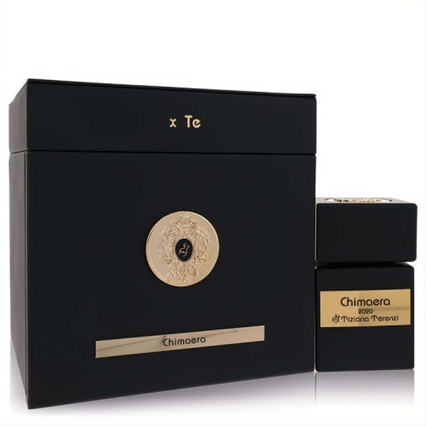 Luxurious Chimaera Tiziana Terenzi 3.38 oz Extrait De Parfum. Matte black box and bottle with intricate gold emblems.