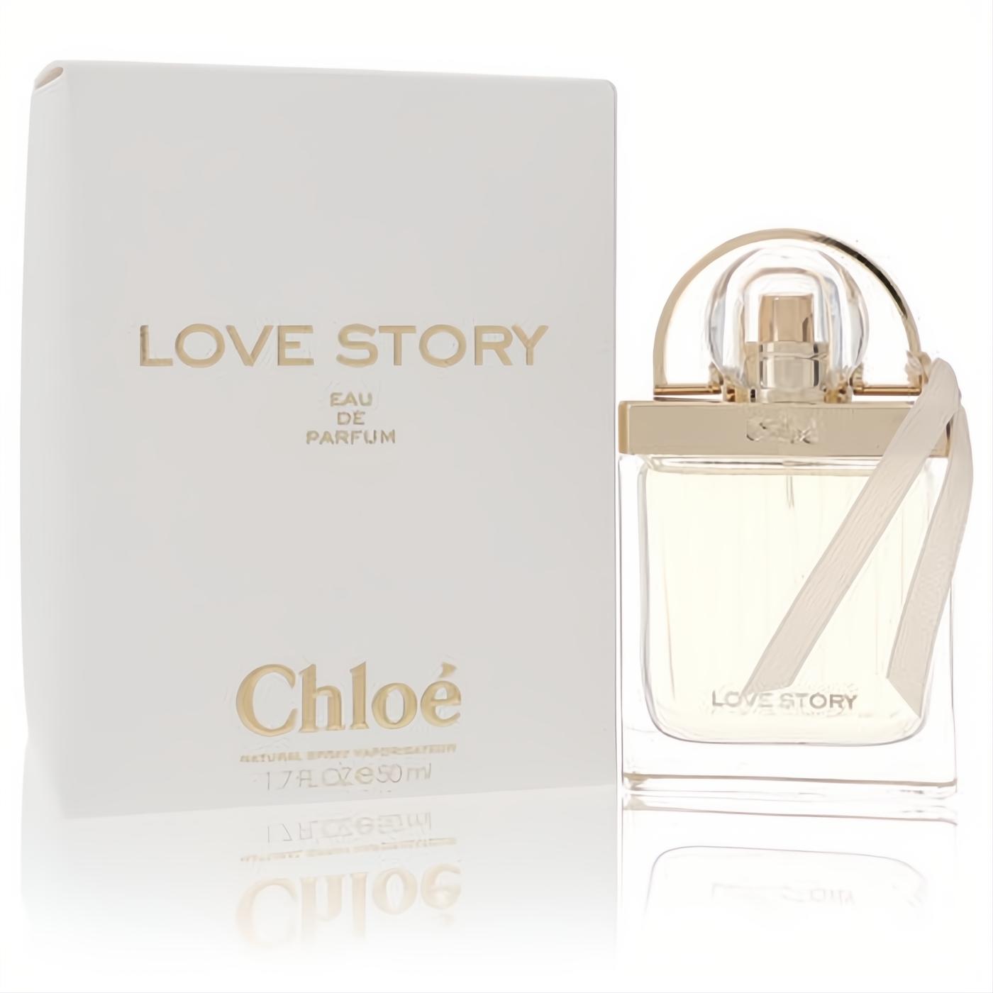 Sophisticated Chloe Love Story 1.7 oz Eau De Parfum in a clear glass bottle with gold arch handle, cream ribbon, and elegant white box.