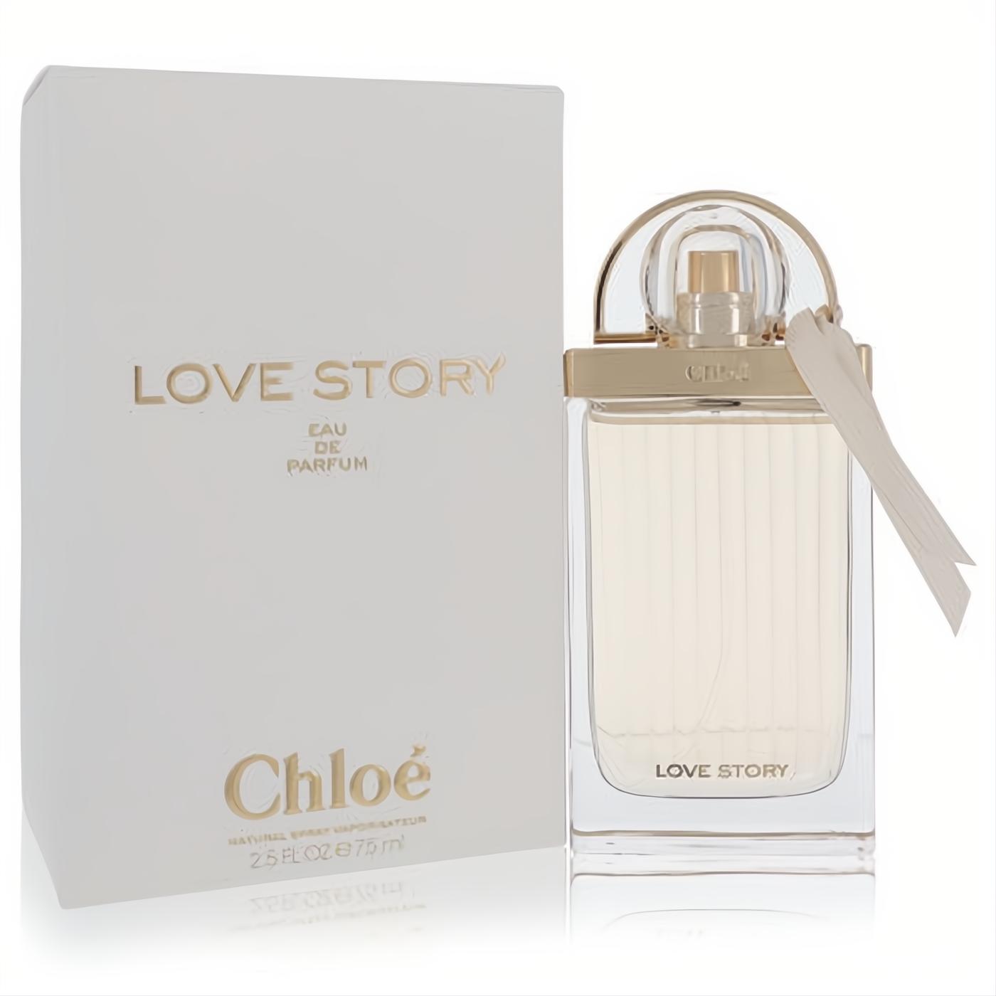 Chloe Love Story 2.5 oz women's EDP spray: clear glass bottle, unique gold cap, elegant ribbon, white box.