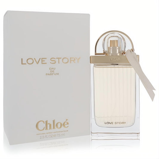 Chloe Love Story 2.5 oz women's EDP spray: clear glass bottle, unique gold cap, elegant ribbon, white box.
