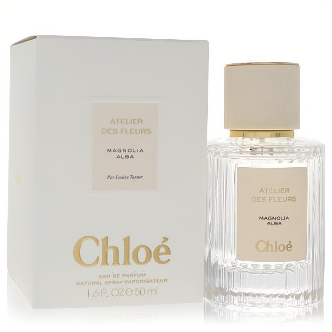 Chloe Magnolia Alba 1.6 oz Eau de Parfum spray. Elegant clear ribbed glass bottle, white box, gold accents.