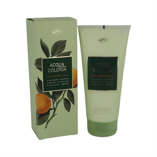 Acqua Colonia Blood Orange & Basil light green box and tube with vibrant botanical design. Experience fresh 4711 fragrance.