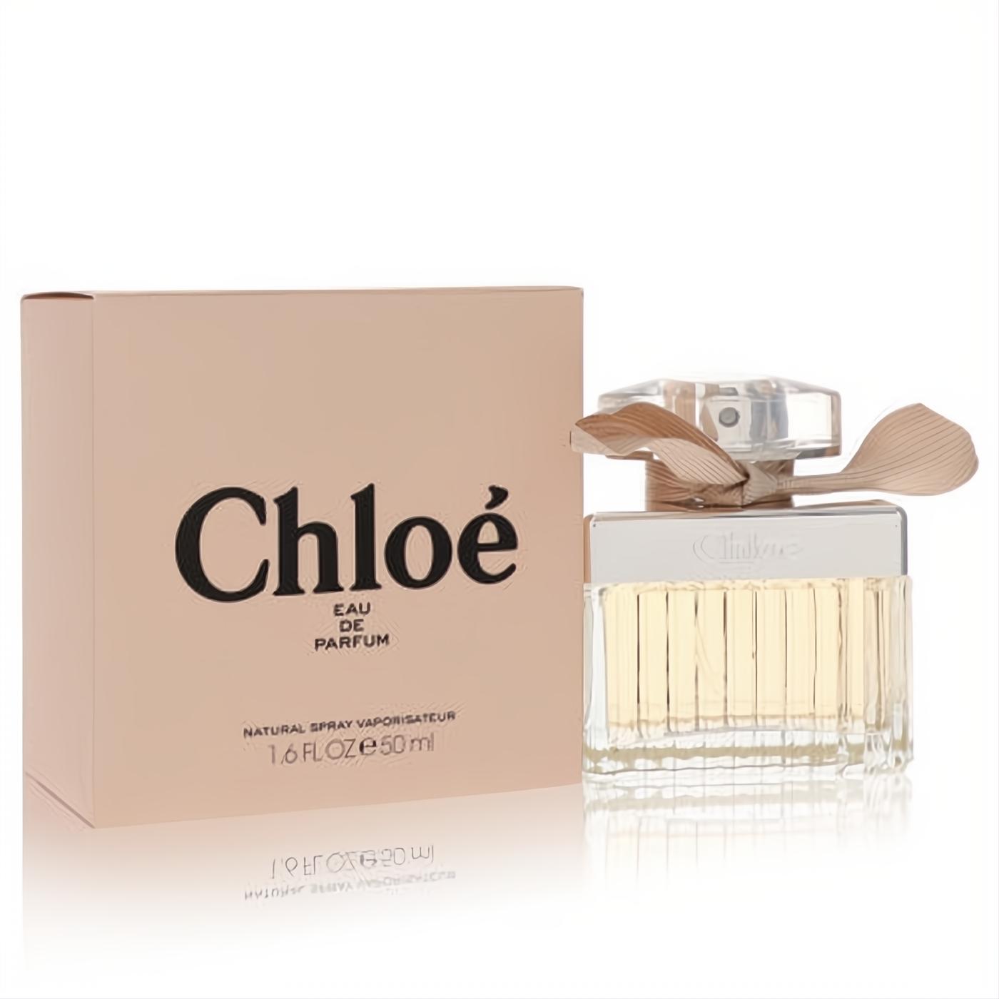 Iconic Chloé Eau de Parfum 1.6 oz spray bottle with elegant ridged glass and a delicate pink ribbon, next to its soft beige box.
