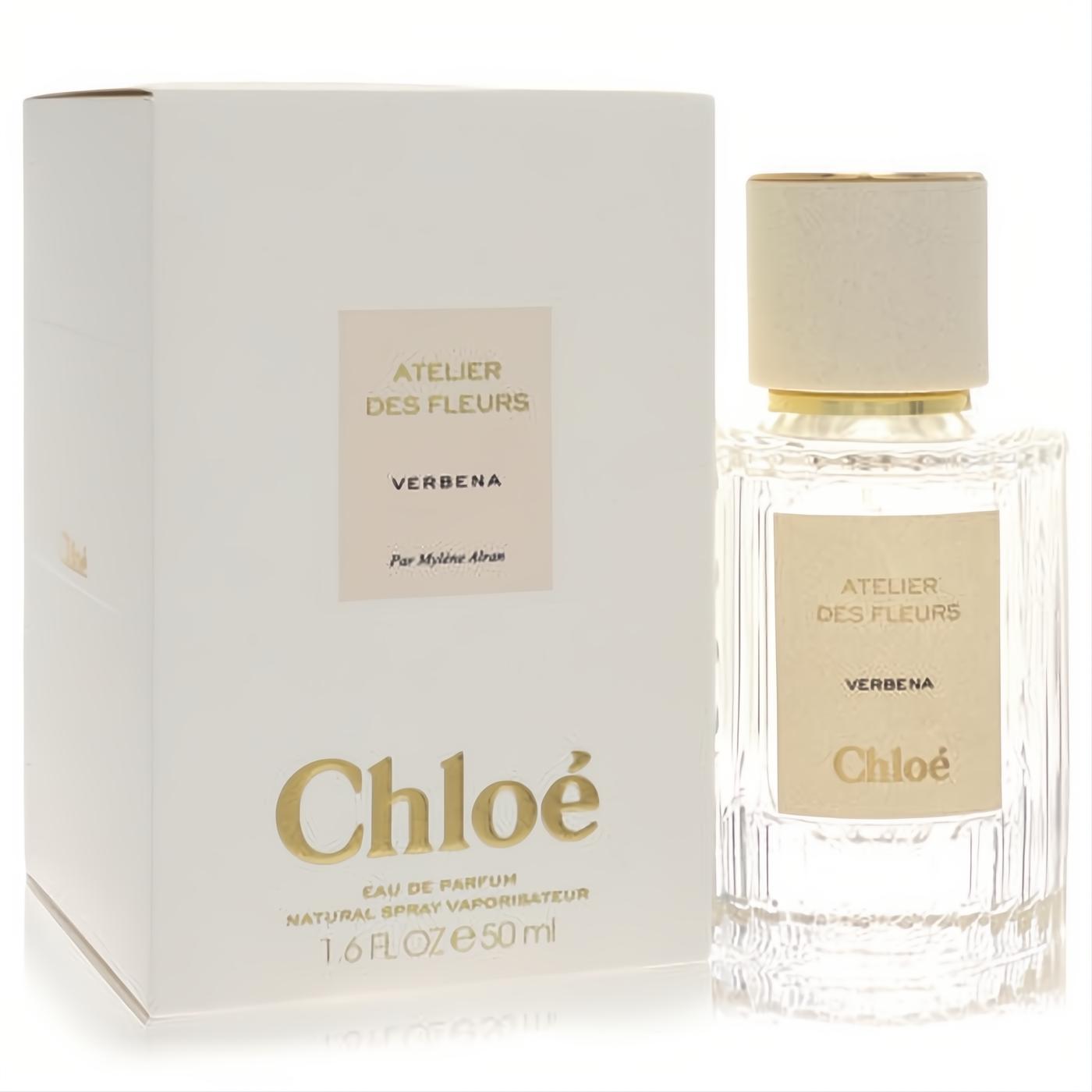 Luxurious Chloe Verbena 1.6 oz women's Eau de Parfum. Elegant clear ribbed bottle, cream label with gold accents, and matching white box.