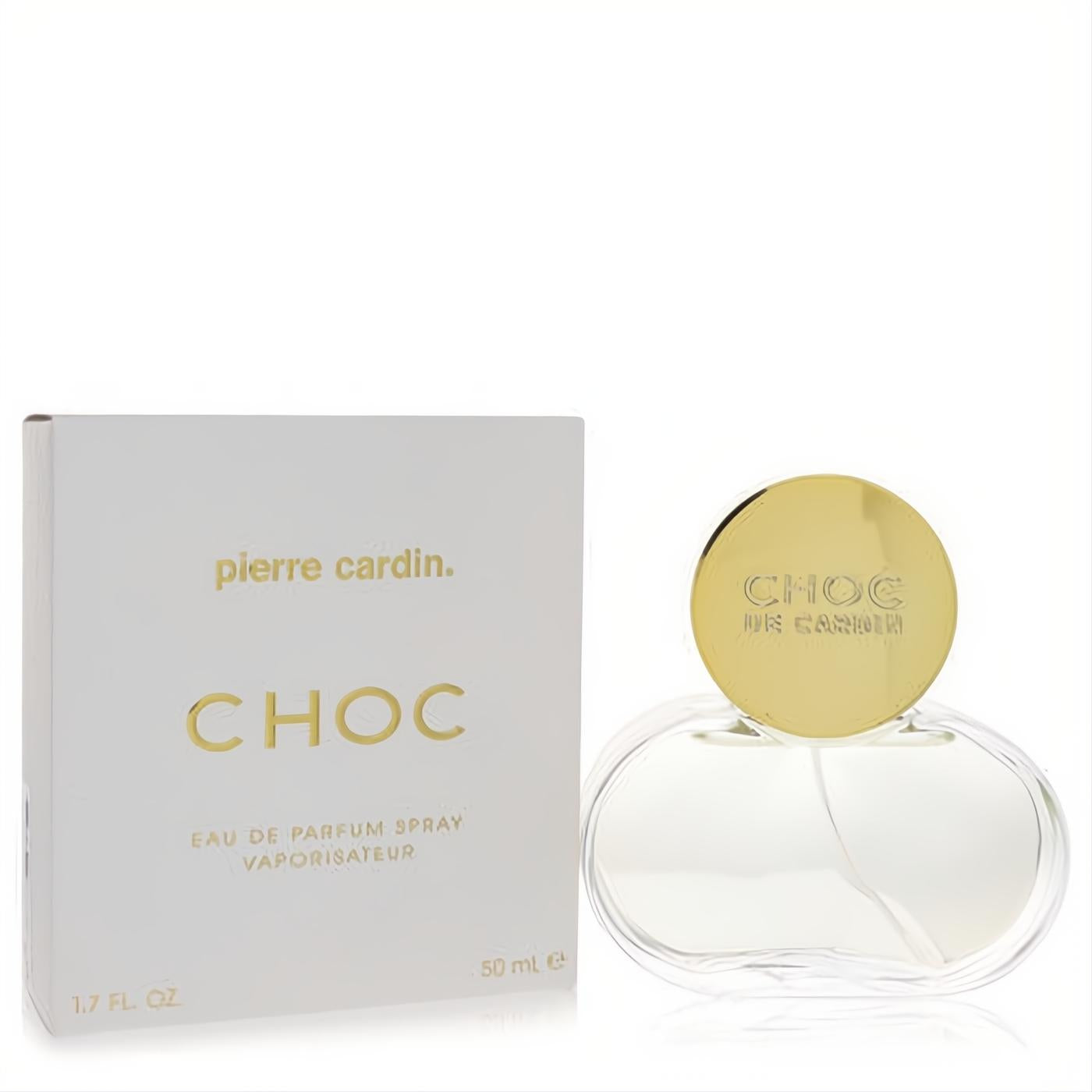 Chic Choc De Cardin 1.7 oz Eau De Parfum: clear glass bottle with a luxurious gold cap, alongside its elegant white and gold box.