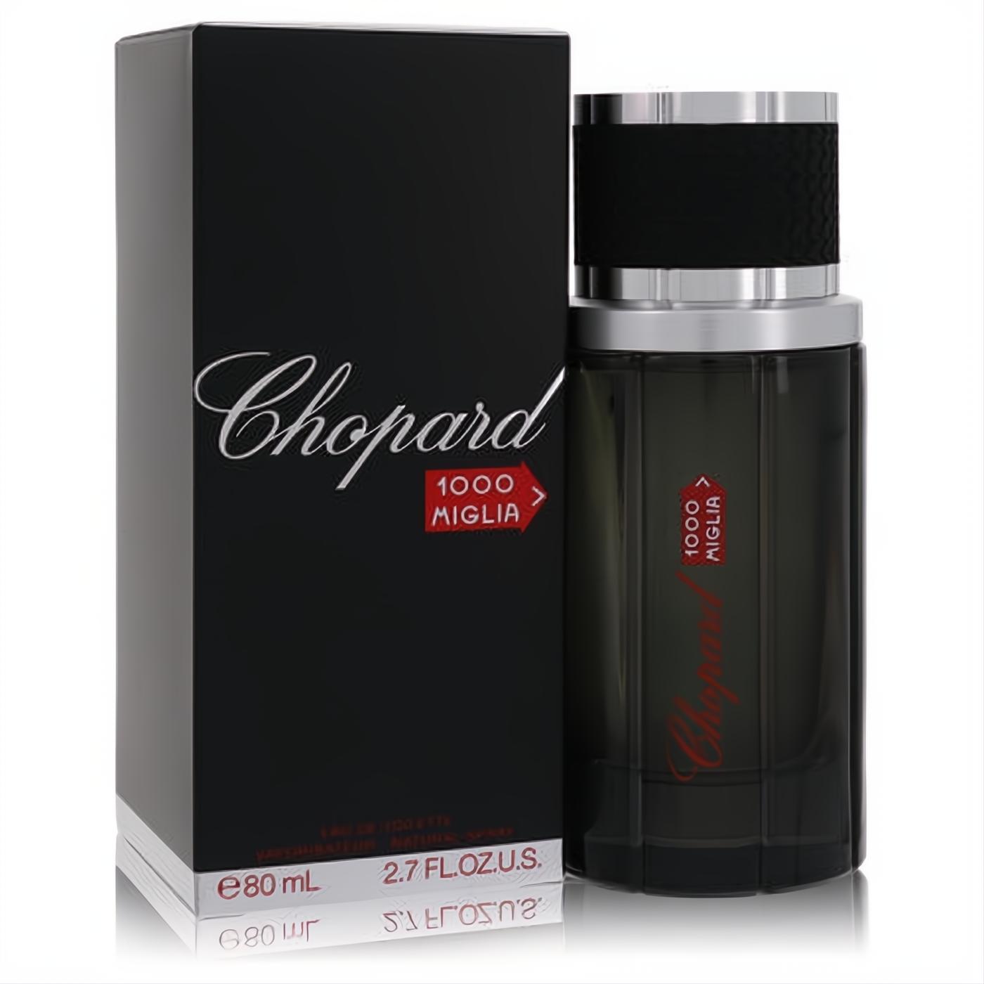 Chopard 1000 Miglia 2.7 oz men's EDT, a sophisticated dark glass bottle with ribbed sides and sleek black box.