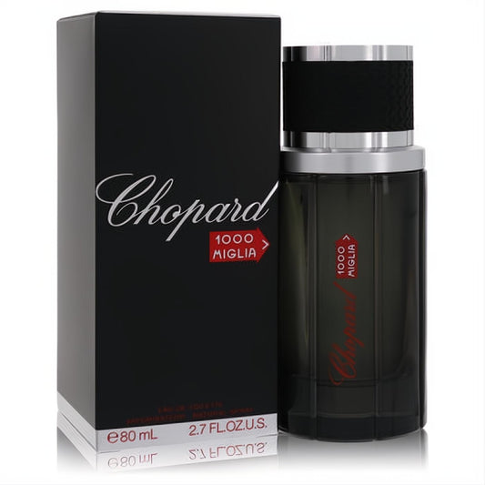 Chopard 1000 Miglia 2.7 oz men's EDT, a sophisticated dark glass bottle with ribbed sides and sleek black box.