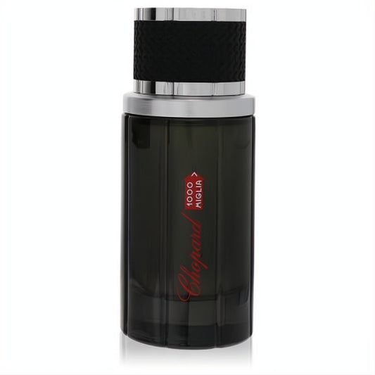 Chopard 1000 Miglia men's Eau de Toilette. Sleek dark glass bottle with bold red branding and a sophisticated silver and black textured cap.