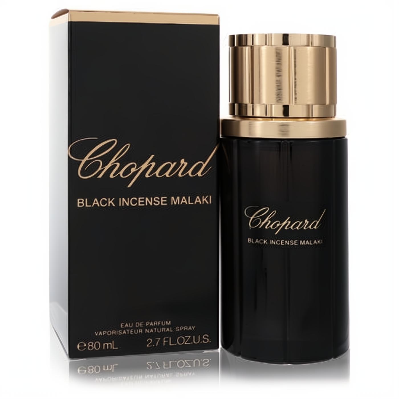Chopard Black Incense Malaki 2.7 oz unisex Eau De Parfum. Sleek black bottle, luxurious ribbed gold cap, and matching box.