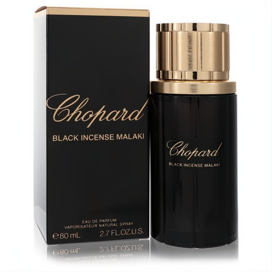 Chopard Black Incense Malaki 2.7 oz unisex Eau De Parfum. Sleek black bottle, luxurious ribbed gold cap, and matching box.