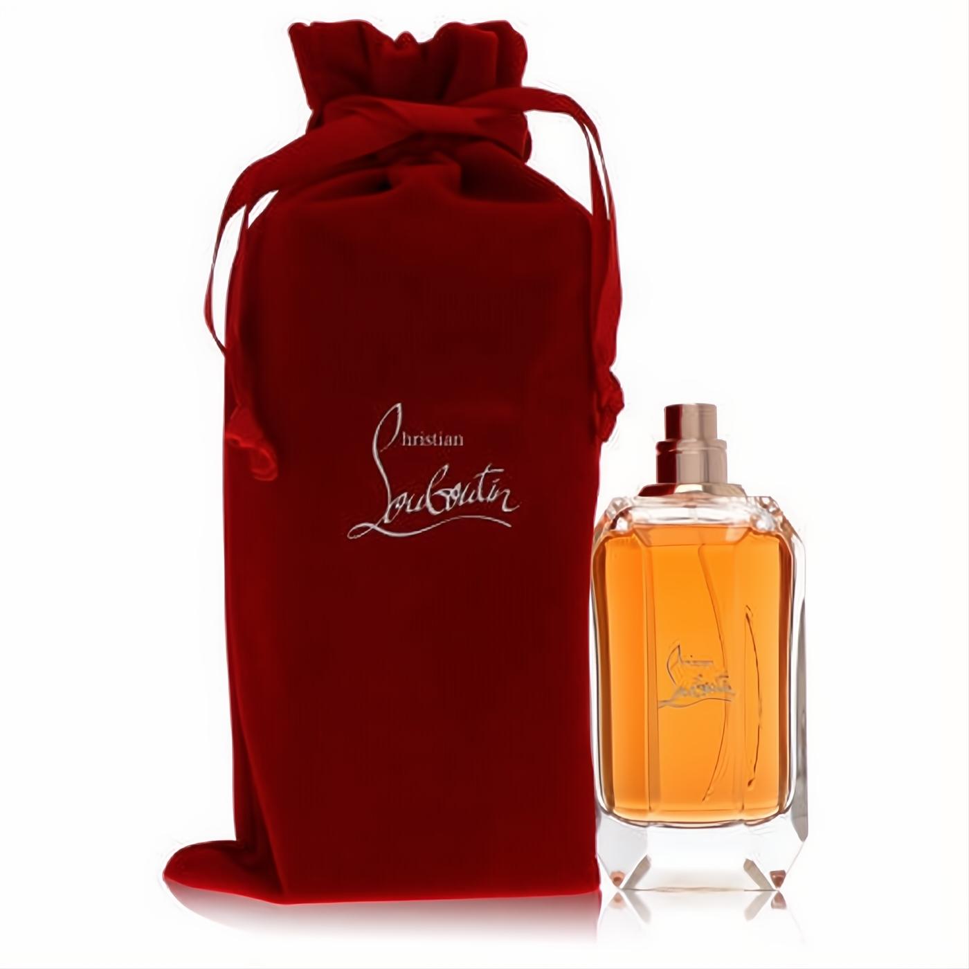 Experience Loubimar: Christian Louboutin 3oz perfume with amber liquid, gold cap, and a luxurious red velvet signature pouch.