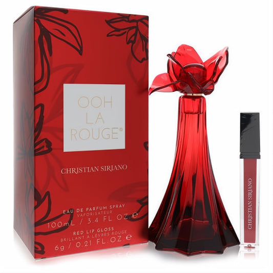 Christian Siriano Ooh La Rouge perfume set: vibrant red floral bottle, 3.4 oz EDP, and matching 0.21 oz red lip gloss.