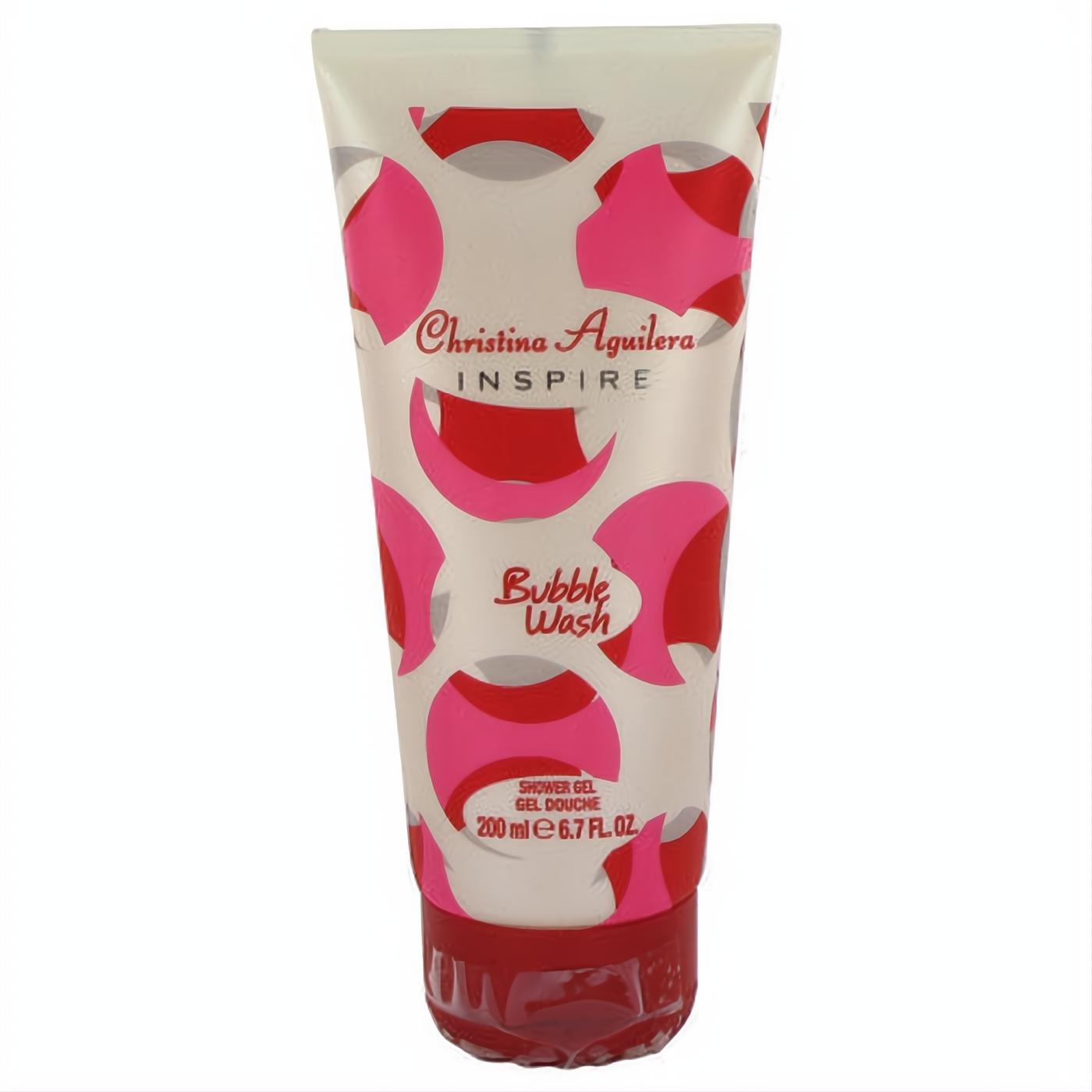 Christina Aguilera Inspire Bubble Wash 6.7 oz shower gel. White tube with vibrant pink and red design, red cap.