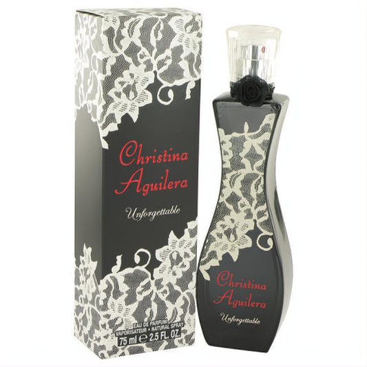 Captivating Christina Aguilera Unforgettable 2.5 oz EDP. Black curvy bottle with white lace design, red script, and a chic black rose.