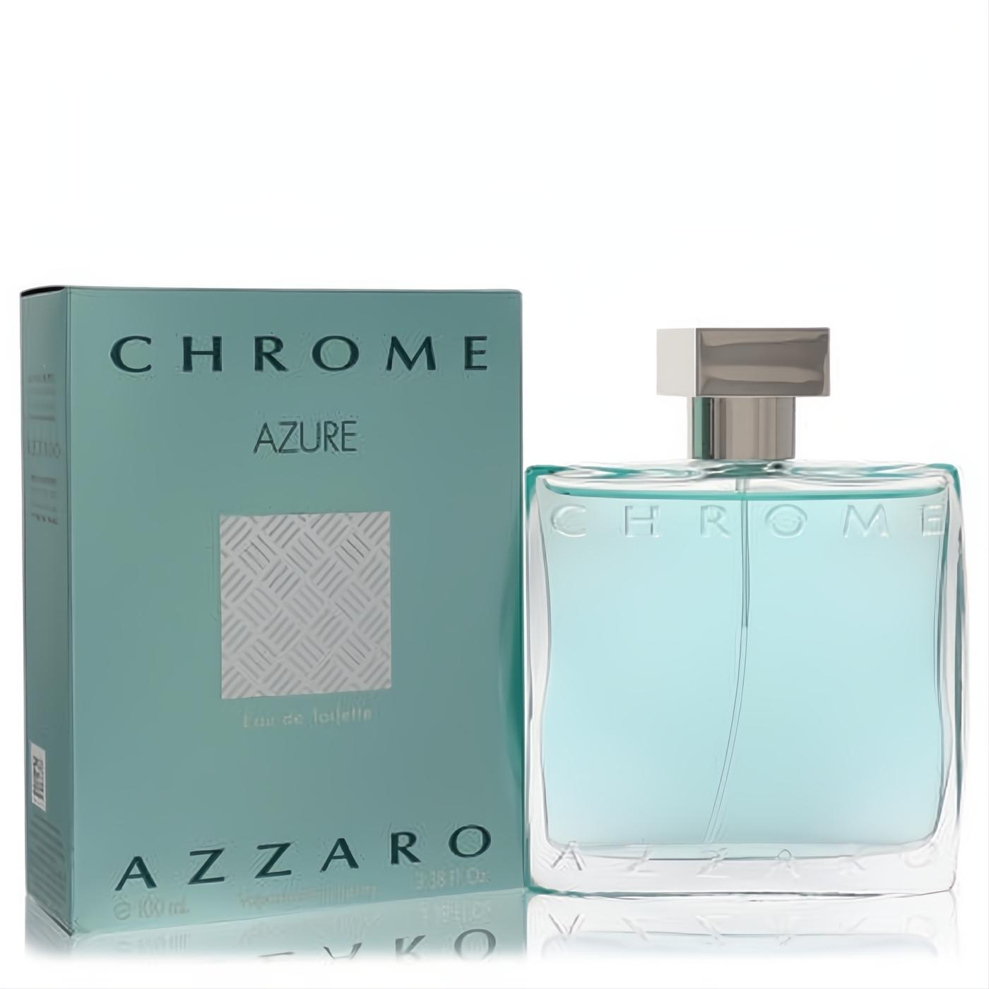 Azzaro Chrome Azure 3.4 oz EDT. Modern clear glass bottle with vibrant azure liquid, sleek chrome cap, and elegant teal box.