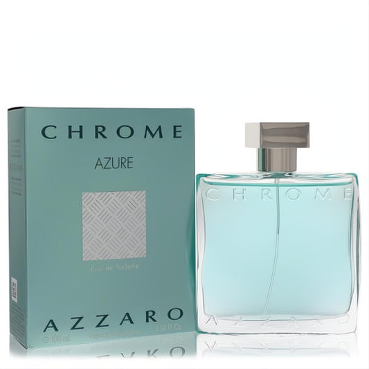 Azzaro Chrome Azure 3.4 oz EDT. Modern clear glass bottle with vibrant azure liquid, sleek chrome cap, and elegant teal box.