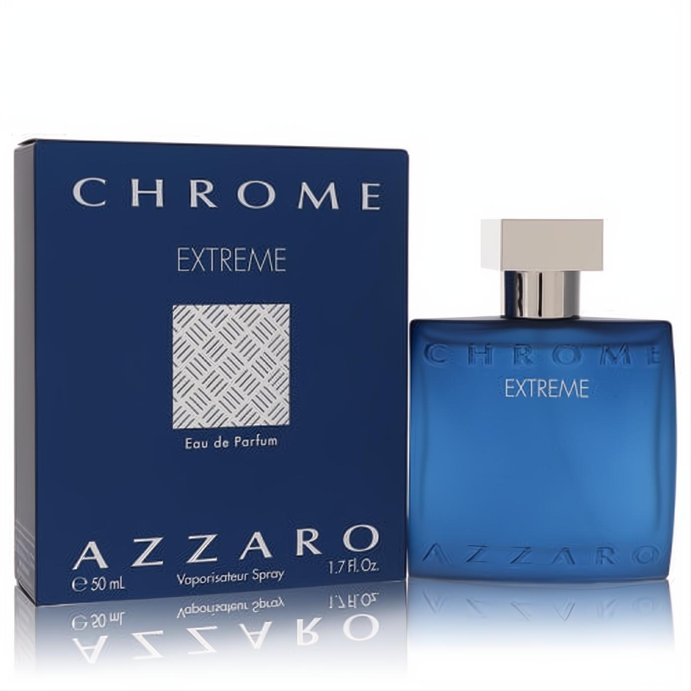 Experience Azzaro Chrome Extreme 1.7 oz EDP. Bold deep blue glass bottle with sleek silver cap, presented with its matching branded box.