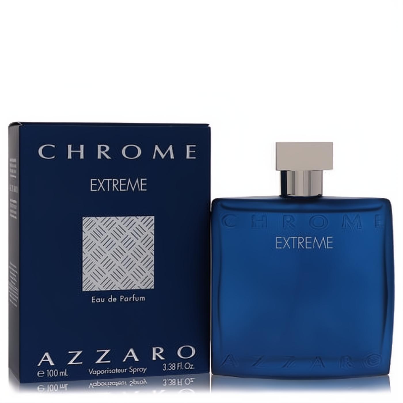 Bold Azzaro Chrome Extreme 3.4 oz men's Eau de Parfum in a sleek deep blue bottle with silver cap and matching box.