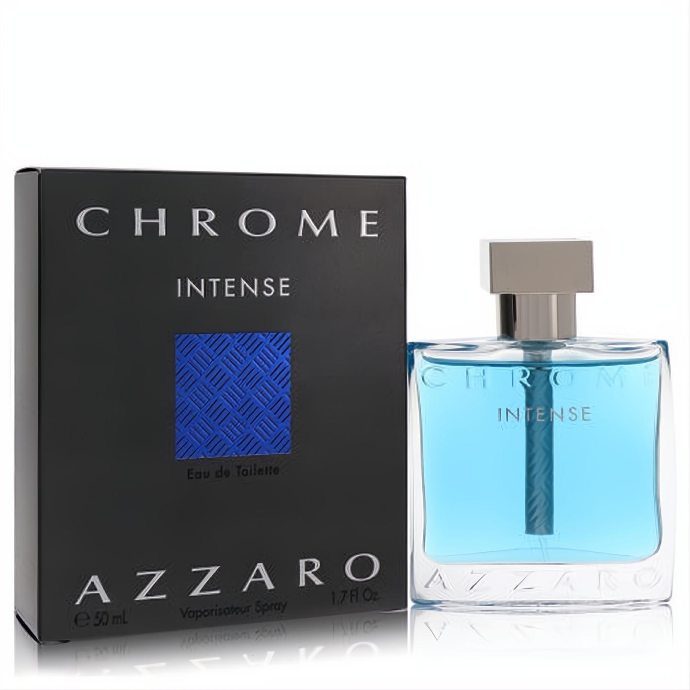 Azzaro Chrome Intense 1.7 oz men's EDT spray, a sleek clear bottle with vibrant blue liquid and silver cap, beside its bold black box.
