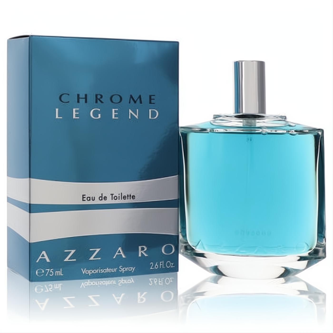 Azzaro Chrome Legend men's 2.6 oz EDT spray. Sleek blue box and clear glass bottle with vibrant blue fragrance.