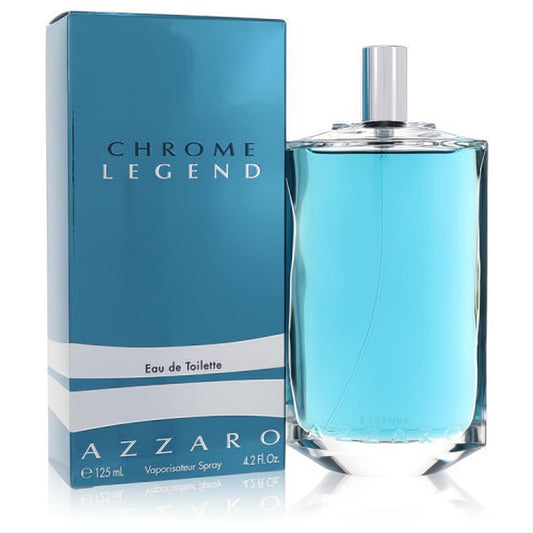 Azzaro Chrome Legend 4.2 oz Eau de Toilette. Bold blue fragrance in a modern glass bottle with a silver cap and matching box.