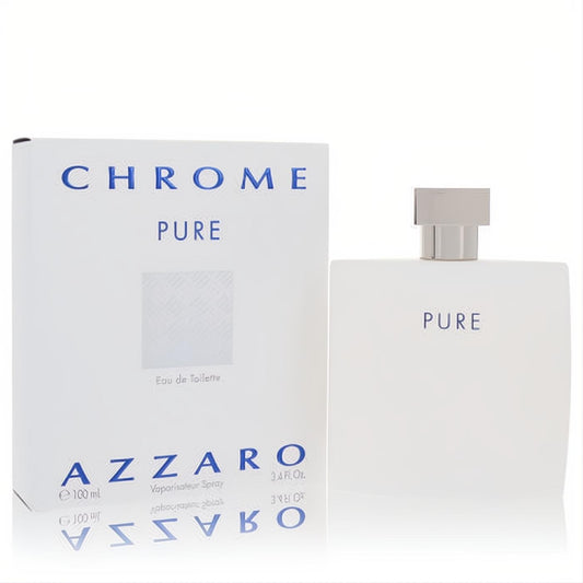 Experience Azzaro Chrome Pure: a sleek 3.4 oz white matte Eau De Toilette bottle with silver cap, alongside its crisp white box.