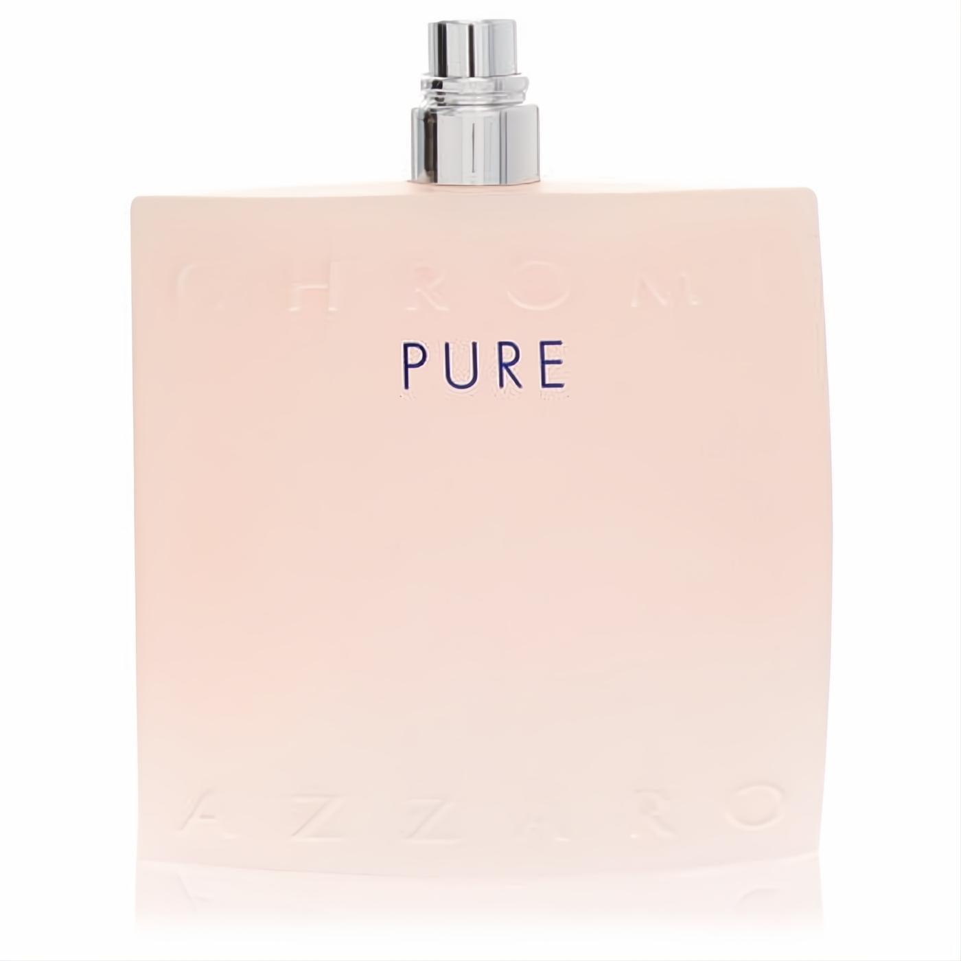 Azzaro Chrome Pure men's 3.4 oz EDT tester. Sophisticated frosted peach glass bottle, sleek silver cap, and prominent blue 'PURE' branding.