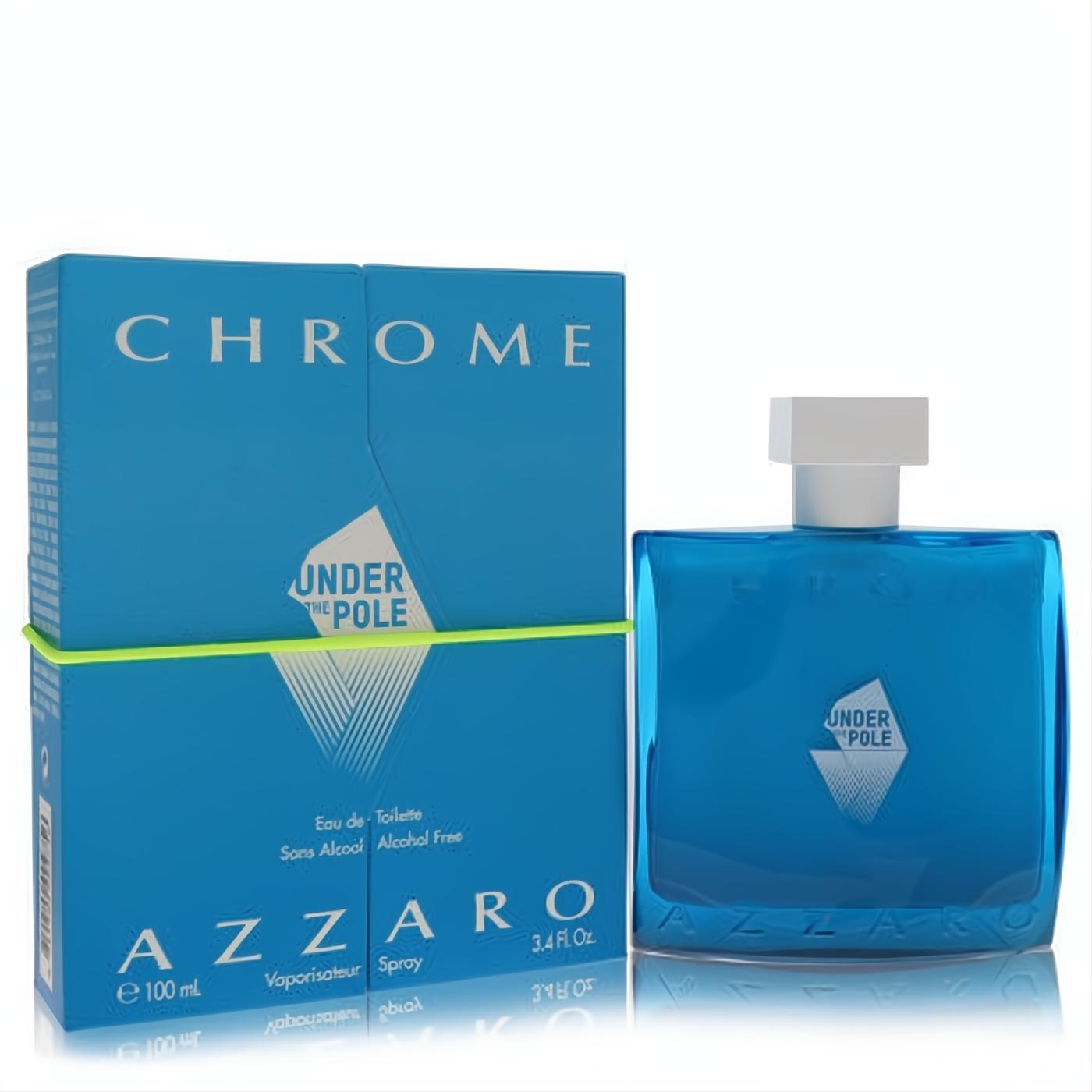 Azzaro Chrome Under The Pole 3.4 oz alcohol-free EDT. Striking blue bottle and box with unique geometric expedition design.