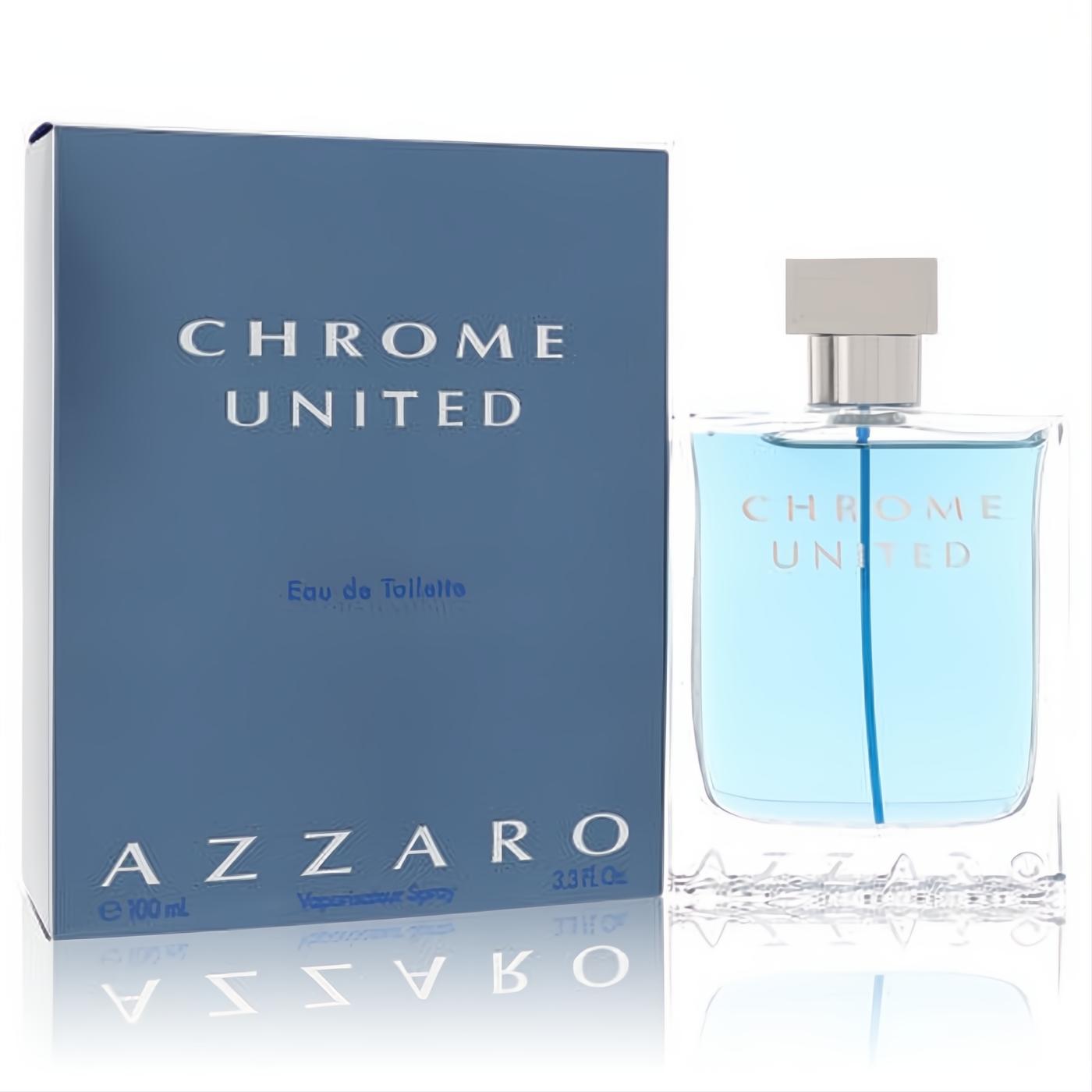 Azzaro Chrome United men's Eau de Toilette. Sleek blue box and clear 3.4 oz glass bottle with a vibrant blue fragrance.