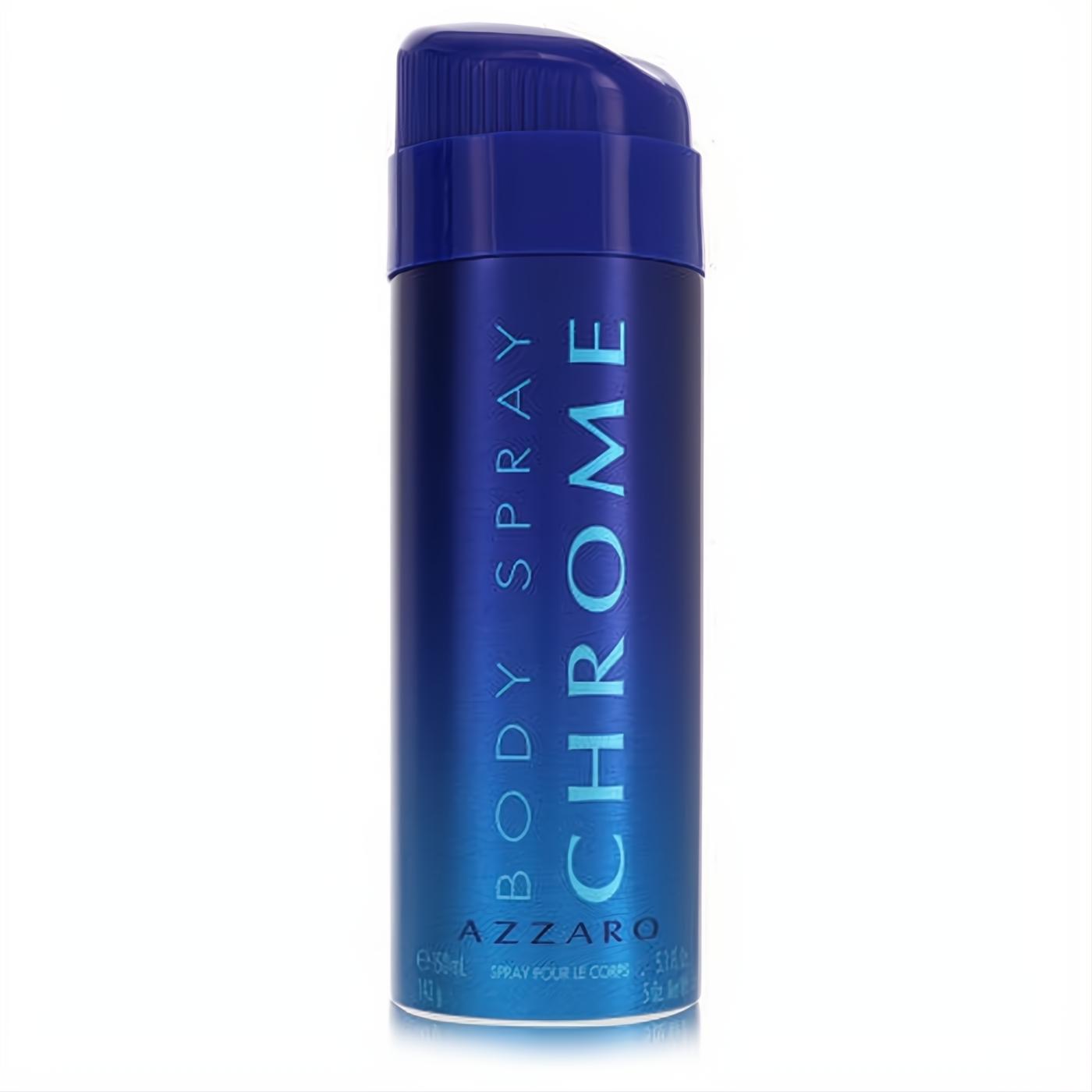 Azzaro Chrome 5 oz men's body spray. Sleek, vibrant deep blue aerosol can for a refreshing fragrance.