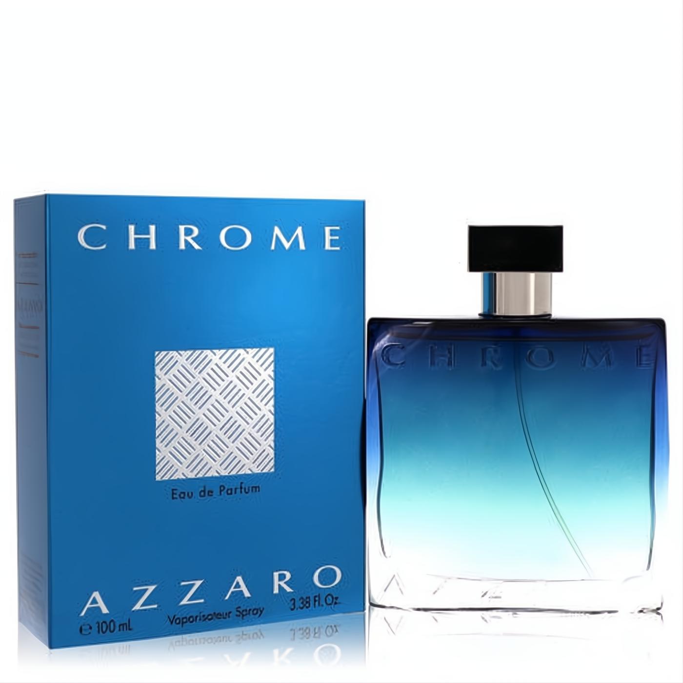 Experience Azzaro Chrome 3.4 oz Eau De Parfum. Sleek clear-to-blue gradient glass bottle with a black cap and vibrant blue box.